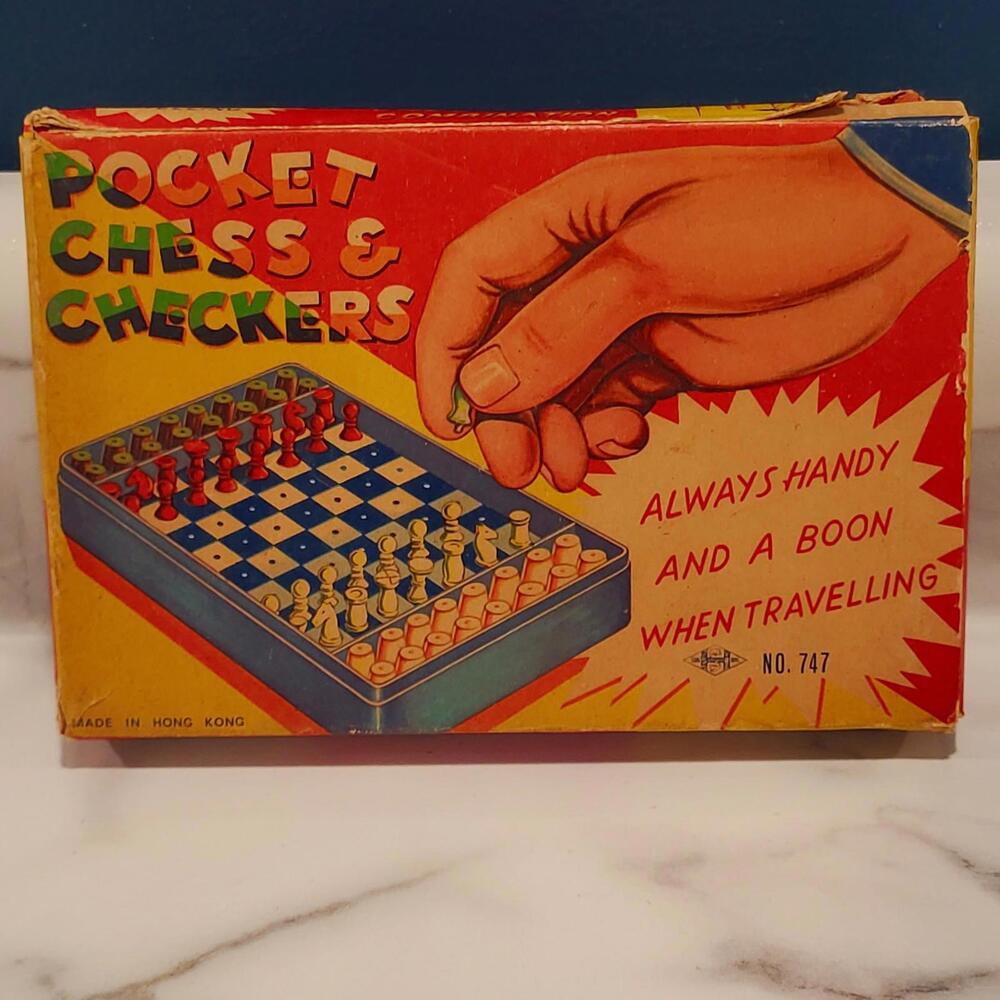 Vintage Pocket Chess Game & Checkers #747 In Box Made in Hong Kong—Nice Shape